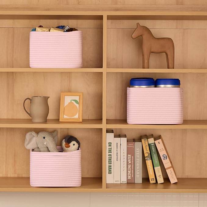 MiniArk Small Organizing Baskets for Cubes Shelf, 9.7x9.7x7.1 Inch Rope Woven Storage Bins for Nursery Shelves Storage, Cute Toy Basket, Square 3 Packs Light Pink