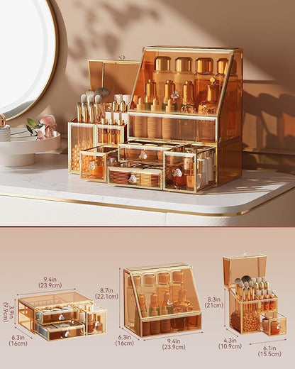 CoralHouse Makeup Organizer Amber,Glass Vanity Organizer for Skincare, Lipsticks, Perfume, Makeup Brushes – Countertop Cosmetic Storage Box for Women, Bathroom & Dresser