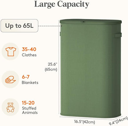 Lifewit Slim Laundry Basket with Lid, Narrow Large Laundry Hamper with Plastic Handles and Removable Bag, Tall Foldable Dirty Clothes Hampers for Laundry Room, Bedroom, Bathroom, Dorm, 65L Green