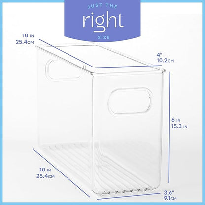 Plastic Food Storage 2 Pack Clear Container Bin with Handles for Organizing Kitchen, Pantry, Refrigerator, Freezer, Pantry, Cabinet, Closet, Bathroom. 10”x4”x6”