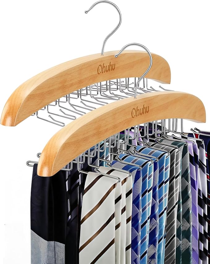 Tie Rack Hanger for Closet: Ohuhu 2 Packs 24 Folding Hooks Tie Hangers for Men Wooden Tie Holder Organizer Space Saving Necktie Storage 360 Degree Rotating Ties Belts Scarves Tank Tops-Burlywood