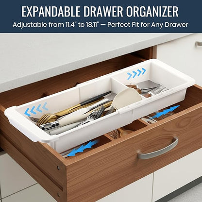 Enhon Expandable Sliding Drawer Organizer for Kitchen Drawers, Deep Drawer Organizer Tray with Adjustable Dividers, Sliding Kitchen Drawers Tray for Utensils, Silverware & Accessories, 11.4”–18”,White