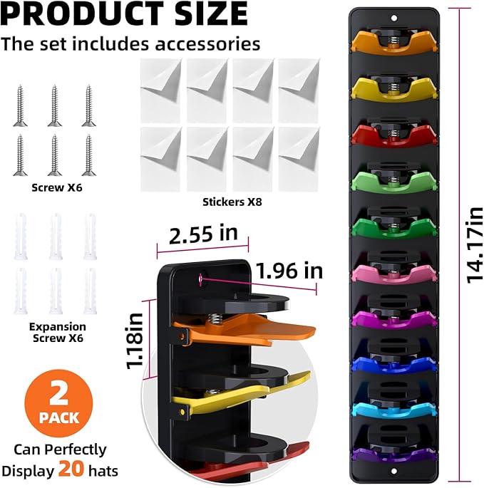 Spring-Loaded Hat Organizer for Baseball Caps (2 Pack) – Holds 20 Caps, Quick Insert & Smooth Release with Secure Hold, Wall Mount for Closet or Door with Adhesive & Screws