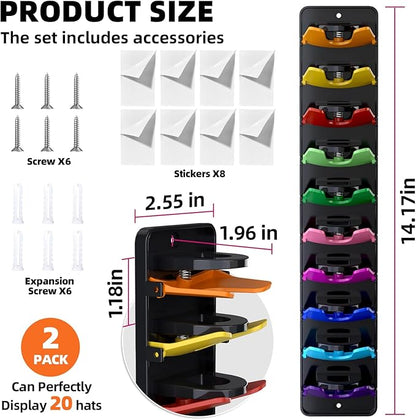 Spring-Loaded Hat Organizer for Baseball Caps (2 Pack) – Holds 20 Caps, Quick Insert & Smooth Release with Secure Hold, Wall Mount for Closet or Door with Adhesive & Screws