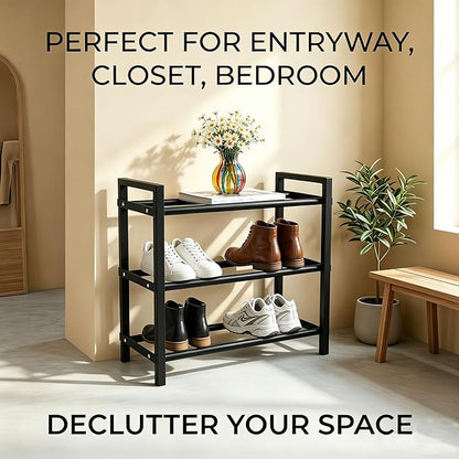 Expandable 3-Tier Shoe Rack Adjustable Shelf Organizer for Entryway Closet Freestanding Narrow Shoe Storage Cabinet for Small Spaces Holds 6-12 Pairs Heels Sneakers (Black, 3 Tier)