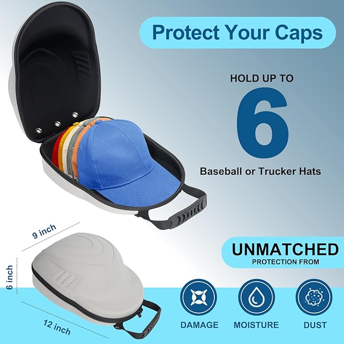 Glamgen Hard Hat Travel Case, Cap Storage for Baseball Caps with Adjustable Shoulder Strap and Carrying Handle, Hat Carrier Organizer Holder Bag up to 6 Hats for Women and Men Travel Home - Grey