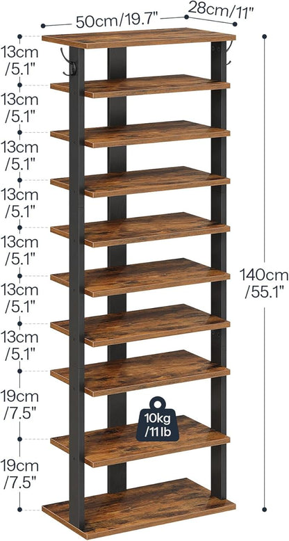 HOOBRO 10 Tiers Vertical Shoe Rack, Wooden Shoe Storage Organizer with Hooks, Narrow Shoe Tower for 20 Pairs, Space Saving, for Entryway, Living Room, Bedroom, Rustic Brown FG140XJ01