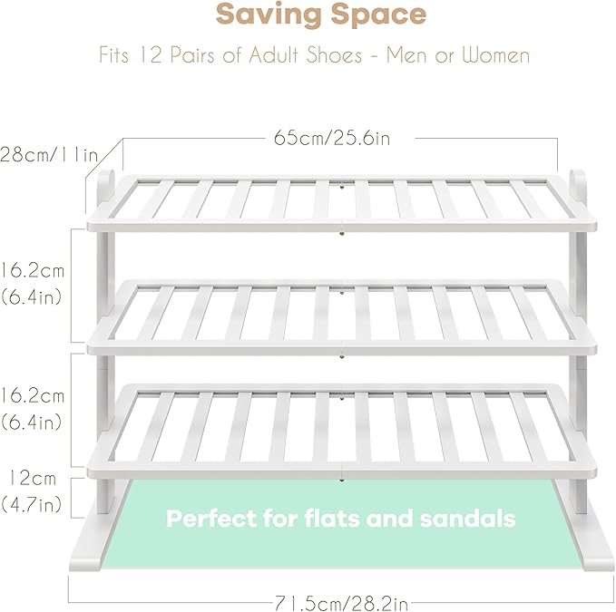 Varhomax White Shoe Rack, Bamboo Shoe Rack Organizer for Closet and Entryway, Thick Wooden Free Standing Shoe Shelf for Small Spaces, Sturdy & Versatile for Bedroom, Bathroom, Garage (3-Tier)
