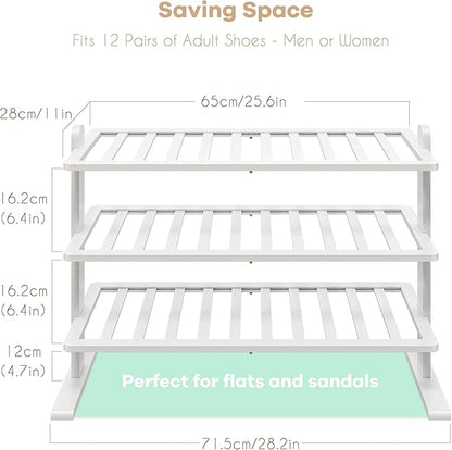 Varhomax White Shoe Rack, Bamboo Shoe Rack Organizer for Closet and Entryway, Thick Wooden Free Standing Shoe Shelf for Small Spaces, Sturdy & Versatile for Bedroom, Bathroom, Garage (3-Tier)