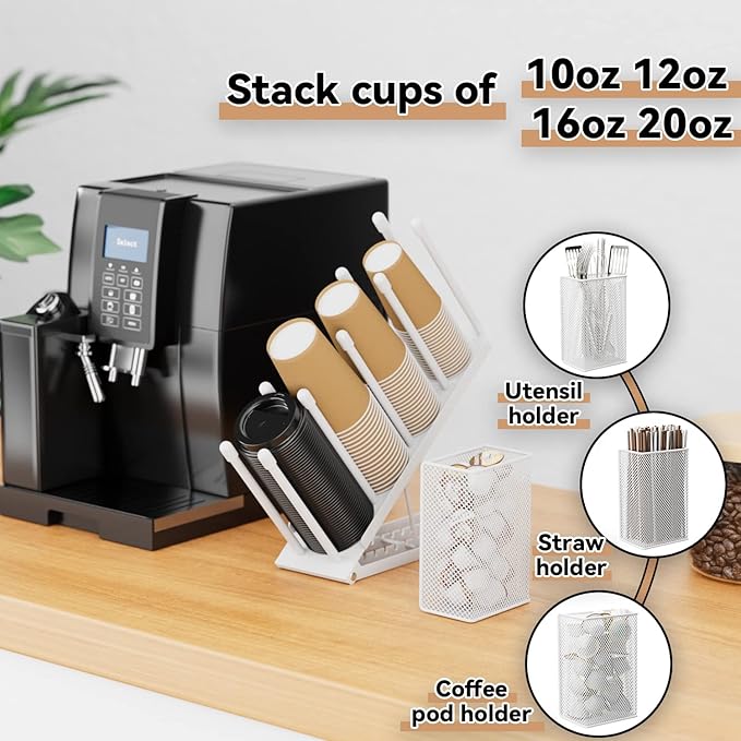 OVICAR Cup and Lid Holder - Adjustable Coffee Cup Holder Organizer 4 Compartment Disposable Paper Plastic Cup Dispenser with Straw Storage Basket for Coffee Bar Station Breakroom Countertop White
