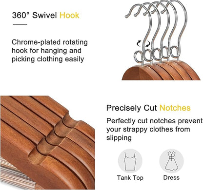 TOPIA HANGER Wooden Hangers 30 Pack, Space Saving Coat Hanger with 360° Swivel Cascading Loop Hook, Non Slip Pants Bar and Shoulder Notches for Camisole, Jacket, Suit (Walnut) -CT74WA30