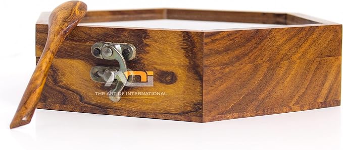 The Art Of International Wooden Spice Box with 7 Partitons & Spoon in Sheesham Wood/Table Top Masala Dabba, Namak Dani for Kitchen Accessories, Multipurpose Decorative Boxes (8X8X2 Inch, Brown)