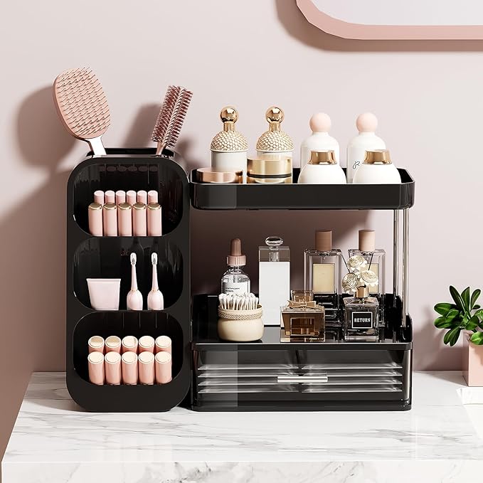 Makeup Organizer for Vanity with Brush Holder, 2 Tiers Countertop Skincare, Cologne Organizer and Perfume Stand for Men Bathroom Vanity, Large Capacity Makeup Storage, Black