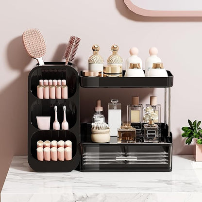 Makeup Organizer for Vanity with Brush Holder, 2 Tiers Countertop Skincare, Cologne Organizer and Perfume Stand for Men Bathroom Vanity, Large Capacity Makeup Storage, Black