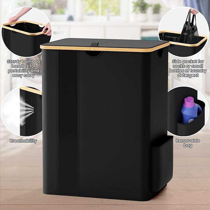 BlissTotes Laundry Basket with Lid, 150L Clothes Laundry Hamper with Handles and 2 Removable Laundry Bags, Breathable Design Hamper with Lid for Bedroom, Bathroom, Dorm, Laundry Room -Black