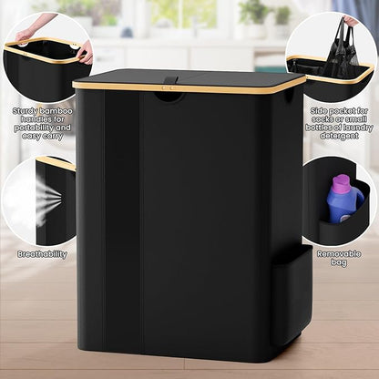 BlissTotes Laundry Basket with Lid, 150L Clothes Laundry Hamper with Handles and 2 Removable Laundry Bags, Breathable Design Hamper with Lid for Bedroom, Bathroom, Dorm, Laundry Room -Black
