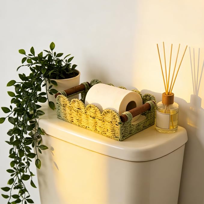 Set of 2 Toilet Paper Storage, Handwoven Small Scalloped Basket with Built-in Handles, Wicker Basket for Home, Living Room(Green)