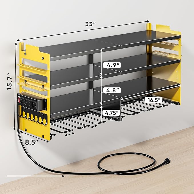 POKIPO Large Power Tool Organizer Wall Mount with Charging Station,4 Layer Heavy Duty Metal Storage Rack Loads 600lbs with 8 Cordless Drill Holder,Battery Utility Rack Gift for Garage workshops Room
