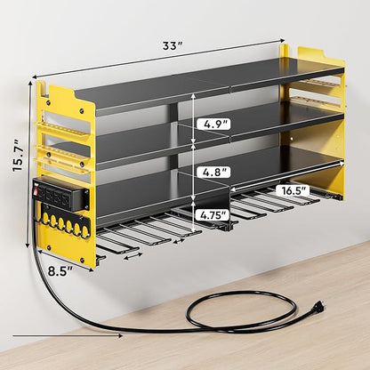 POKIPO Large Power Tool Organizer Wall Mount with Charging Station,4 Layer Heavy Duty Metal Storage Rack Loads 600lbs with 8 Cordless Drill Holder,Battery Utility Rack Gift for Garage workshops Room