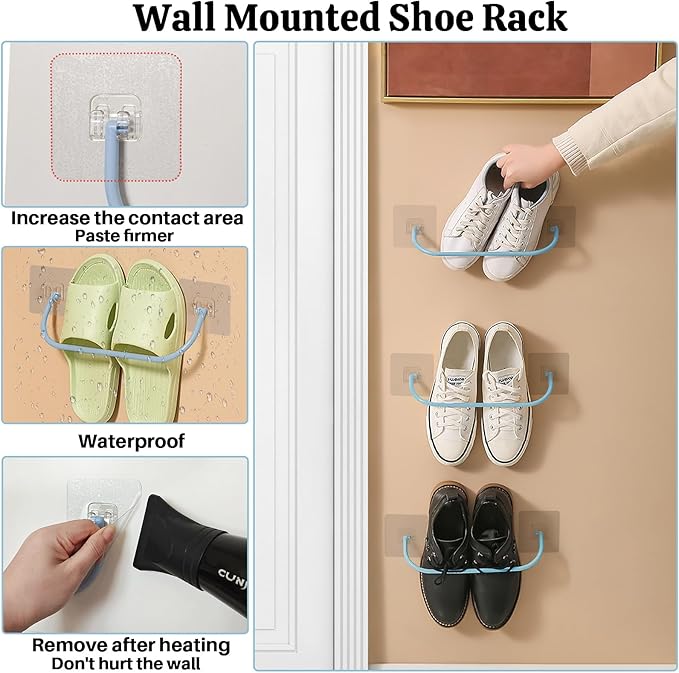 6 Pack Wall Mounted Shoe Rack with Sticky Hanging Strips, Wall Shoe Rack for RV camper, Small Space Shoes Holder for Door Shoes organizer Shelf No Drilling