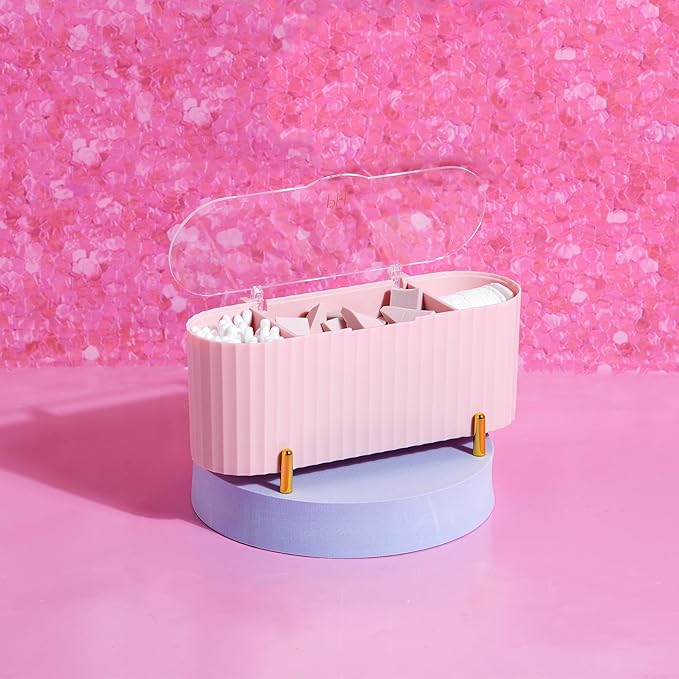 Paris Hilton Makeup & Storage Organizer with Lid, Customizable 3-Compartment Tray, Elegant Ribbed Design, Compact & Durable, Pink