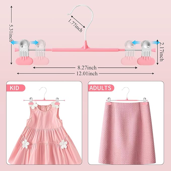 HUADYMEET 20 Pack 12Inch Pants Hangers with Wide Clips,Metal Trouser Hanger for Jeans.Space Saving Skirt Hangers Heavy Duty Non-Slip Adjustable Clothes Shorts Hanger for Women,Men,Pink