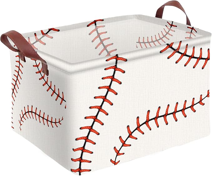 Baseball Decor Storage Basket Waterproof Canvas Toy Storage Bin Baseball Room Decor Collapsible Outdoor Basket with Leather Handles Blanket Baskets For Closets,Bedrooms,Gifts Baskets