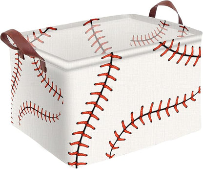 Baseball Decor Storage Basket Waterproof Canvas Toy Storage Bin Baseball Room Decor Collapsible Outdoor Basket with Leather Handles Blanket Baskets For Closets,Bedrooms,Gifts Baskets