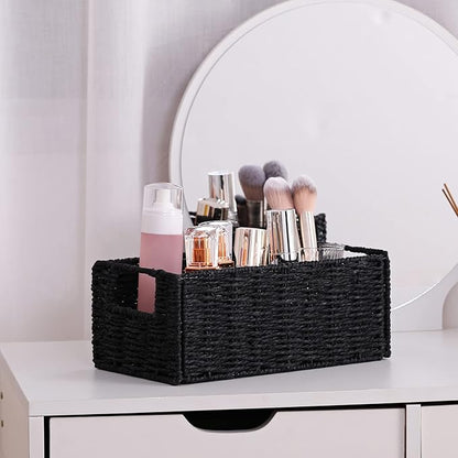 Vagusicc Wicker Storage Basket, Set of 2 Hand-Woven Paper Rope Wicker Basket, Small Storage Baskets for Organizing Toilet Paper Basket, Foldable Large Cube Storage Organizer Bins for Shelves (Black)