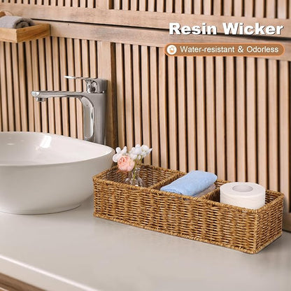 Wicker Toilet Paper Basket: 3 Water-resistant Compartments Organizer - Extra-Large Storage for Bulk Rolls & Toiletries (Farmhouse & Scandinavian, Tan)