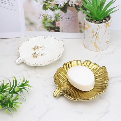 Gold Leaf Bathroom Soap Dish,Ceramic Soap Dish Holder in Palm Leaf Style,Self Draining Design and Used to Hold Various Small Bathroom and Kitchen Accessories