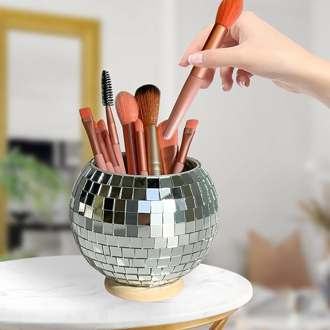 FlidRunest Disco Makeup Brush Organizer Mirror Ball Cosmetic Brush Cup, Reflects Light Unique Storage Holder for Counter, Dresser, Bedroom