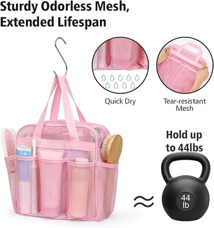 F-color Mesh Shower Caddy Portable with Zipper - Upgrade Deeper 7 Pockets Dorm Room Essentials for Guys Girls with S Hook, Shower Bag Basket Tote for College Camping Toiletry Bathroom, Pink