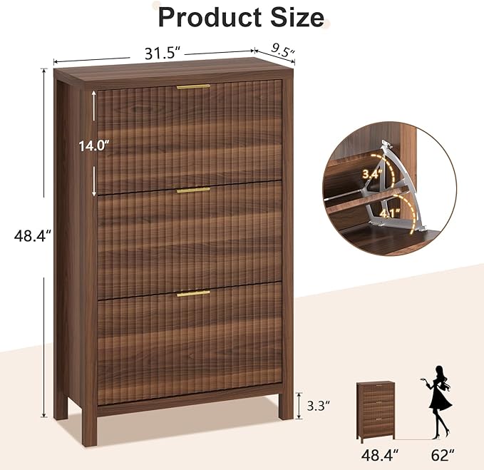 YOMILUVE Shoe Cabinet Storage for Entryway, Fluted Shoe Cabinet with 3 Flip Drawers, Hidden Shoe Rack Tall Freestanding Shoe Organizer with Legs for Hallway, Walnut