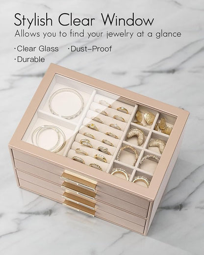 VLANDO 4 Layer Jewelry Box for Women, Mothers Day Gifts for Women, Glass Lid Jewelry Organizer with 4 Drawers for Necklaces Rings Earrings Bracelets - Toffee