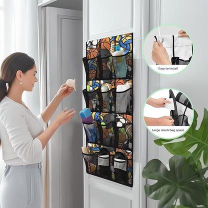 Generic Sports Ball Games Door Storage Organizer Elastic Over The Door Pantry Organizer Spandex Fabric Is Not Only Flexible But Also Allows The Bag to Fit Into Any Space Behind The Door