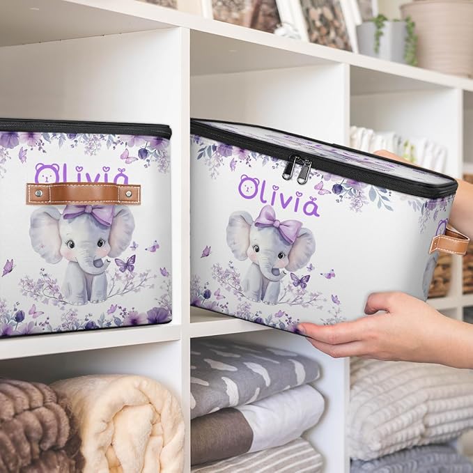 Custom Elephant Storage Bins with Lid, Foldable Personalized Storage Basket Boxes with Handle Purple Flowers Shelf Basket Closet Organizer Cube