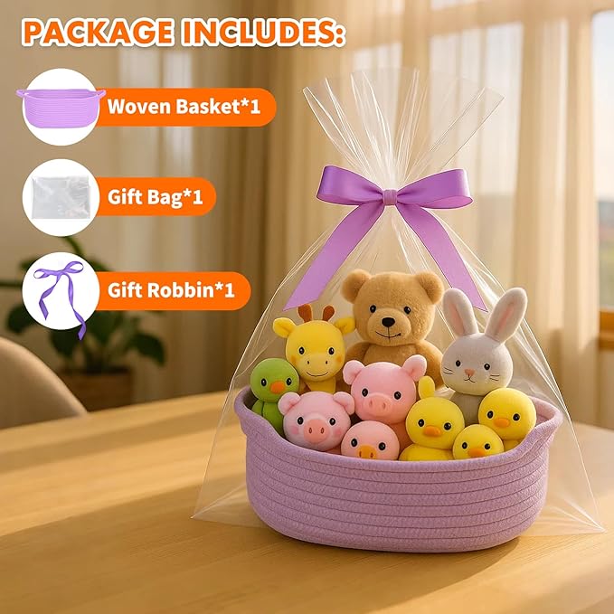 ShellKingdom Storage Basket with Handles, Empty Gift Basket for Christmas with Gift Bags and Ribbon, Small Woven Baskets for Home, Nursery Storage Organizer, 12 X 8 X 5 INCH, Lavender