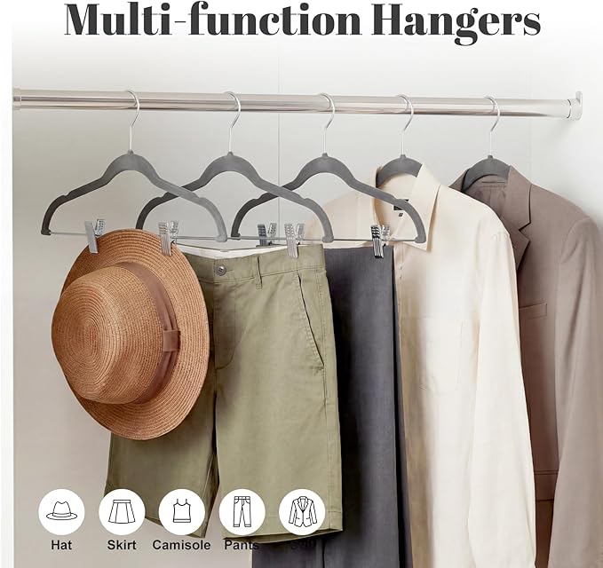 HOUSE DAY Velvet Skirt Hangers 24 Pack, Gray Hangers with Adjustable Clips, Space Saving Slim Velvet Pant Hanger, Heavy Duty Non Slip Clip Hanger for Pants, Skirts, Shorts