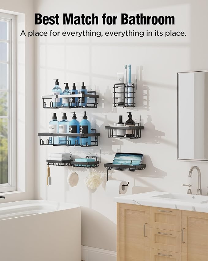 Shower Caddy 7 Pack, Adhesive Bathroom Shower Organizer for Bathroom Storage, No Drilling Large Capacity Rustproof Stainless Steel Shower Shelves Rack for Bath, Black