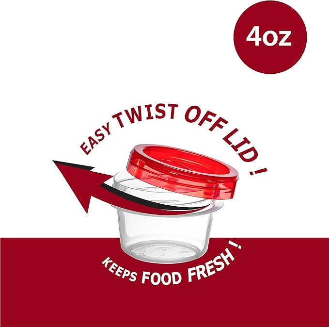 ELEGANT DISPOSABLES (4 Ounce 10 Pack) Twist cap Containers Clear Bottom With Red Top Screw on Lids Twist Top Food Storage Freezer Reusable Containers