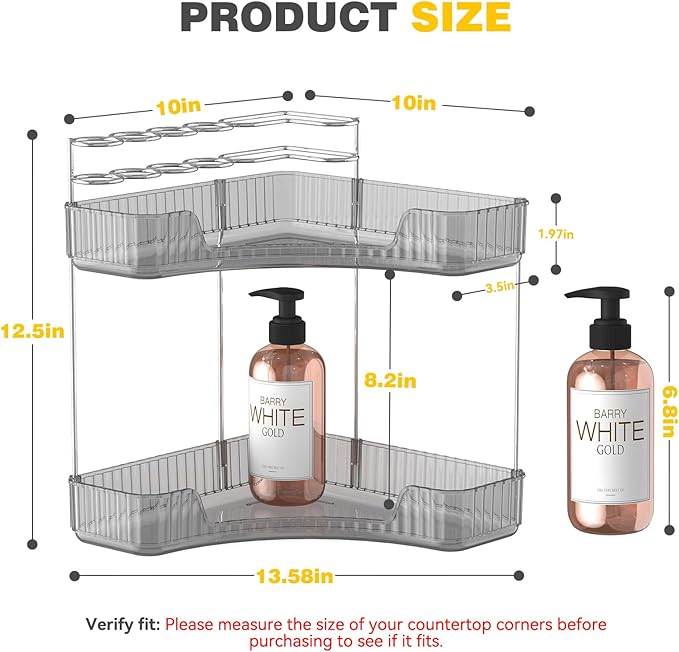 Asayuee 2-Tier Corner Bathroom Counter Organizer with Top Toothbrush Holders,Large Makeup Organizer Countertop with Brush Holder,Skincare Organizers Corner,Exquisite Vanity Organizer (Gray, 2 Tier)