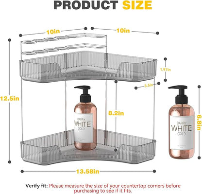 Asayuee 2-Tier Corner Bathroom Counter Organizer with Top Toothbrush Holders,Large Makeup Organizer Countertop with Brush Holder,Skincare Organizers Corner,Exquisite Vanity Organizer (Gray, 2 Tier)