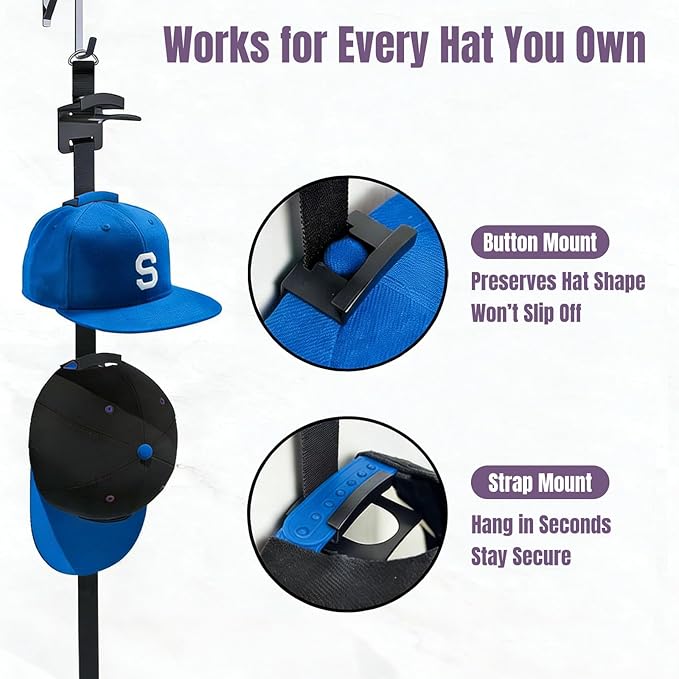 Over-the-Door Hat Rack Organizer with Clips,Hat Holder for Door,Hat Organizer for Baseball Caps,Adjustable No-Drill Anti-Drop Hat Storage with Display Hooks for Bedroom, Dorm or Doors
