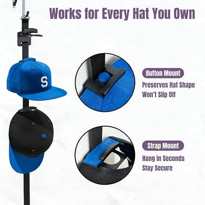 Over-the-Door Hat Rack Organizer with Clips,Hat Holder for Door,Hat Organizer for Baseball Caps,Adjustable No-Drill Anti-Drop Hat Storage with Display Hooks for Bedroom, Dorm or Doors
