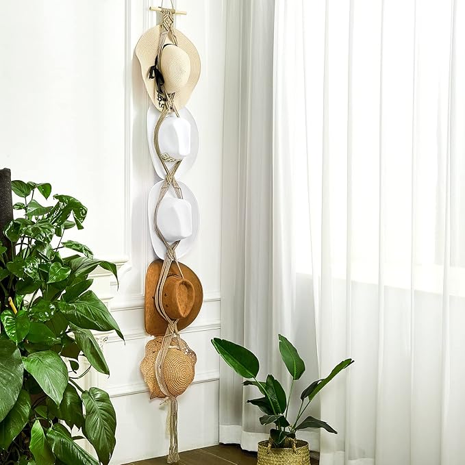 Yulejo Macrame Hat Hangers Racks Boho Cowboy Hats Holders Western Display Organizer Storage decor Back of Door for Wall(Beige,Five Hats Style)