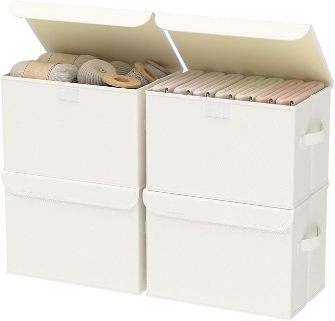 Fabric Storage Bin with Lid, Closet Boxes with Cover, Collapsible Stackable Organizer Basket with 2 Handles, for Home and Bedroom, 4 Pack, Beige, 10.2 x 7.9 x 6.7 In, XSNY12BES-4