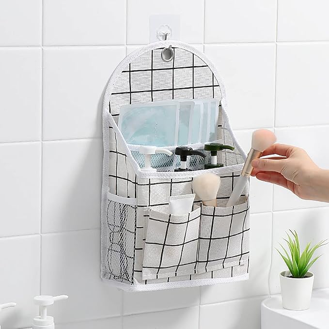 FuninCrea Wall Hanging Storage Bag, Black and White Checkered Linen Organizer Wall Mounted Punch-Free Over The Door Storage Pouch with 6 Storage Pockets and 1 Hanging Hook (Green)