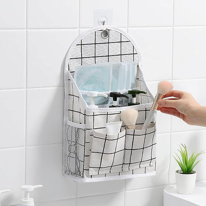 FuninCrea Wall Hanging Storage Bag, Black and White Checkered Linen Organizer Wall Mounted Punch-Free Over The Door Storage Pouch with 6 Storage Pockets and 1 Hanging Hook (Green)