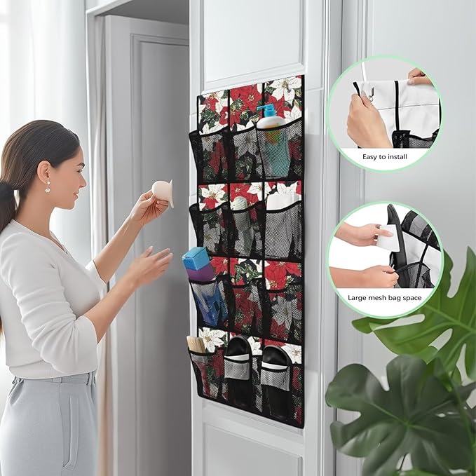 Poinsettia Flower Behind Door Organizer for Dorm Room Essentials,Xmas Decor Over The Door Hanging Organizer for Living Room,Large Capacity and 12 Pockets Wall Hanging Storage